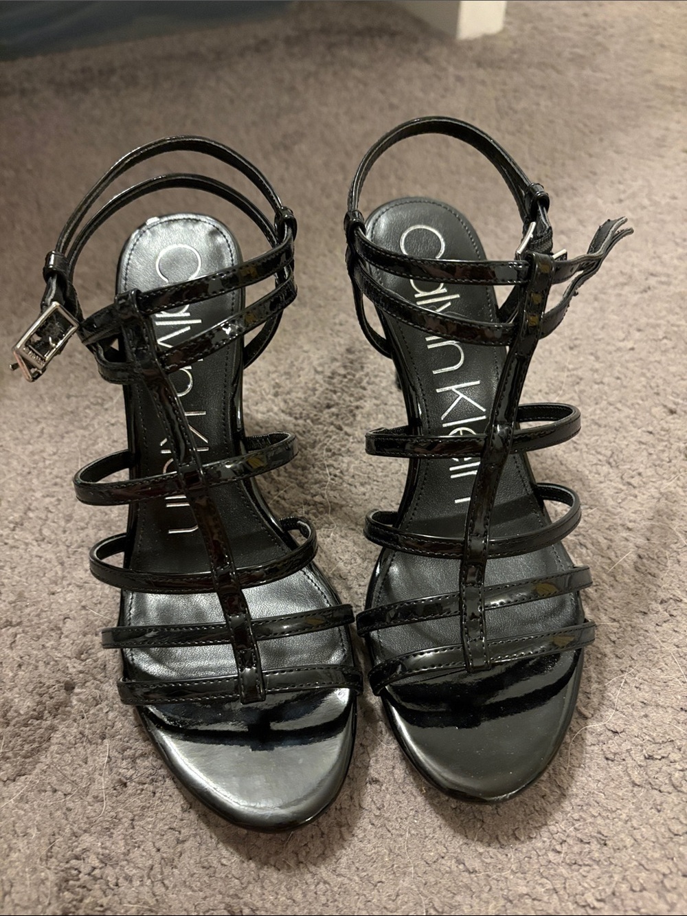 Calvin Klein Black Patent Multi-Strap Heeled Sandals
